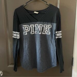 PINK Victoria's Secret Black Gray Silver Sequin Logo Long Sleeve Tee Size Small